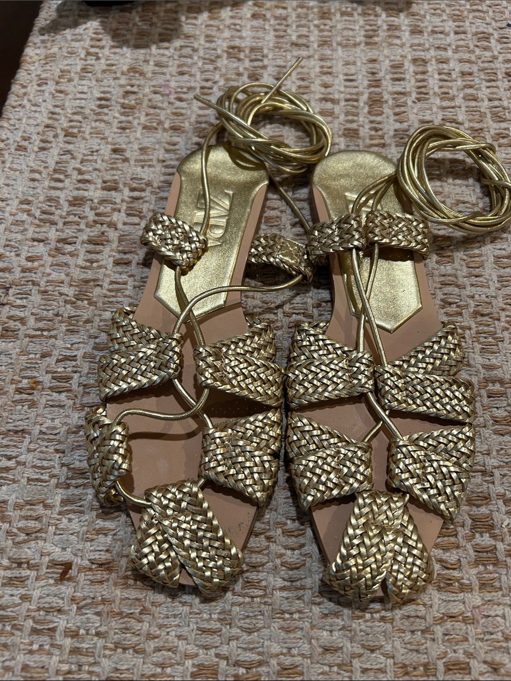 Zara Metallic Gold Braided Lace-Up Sandals